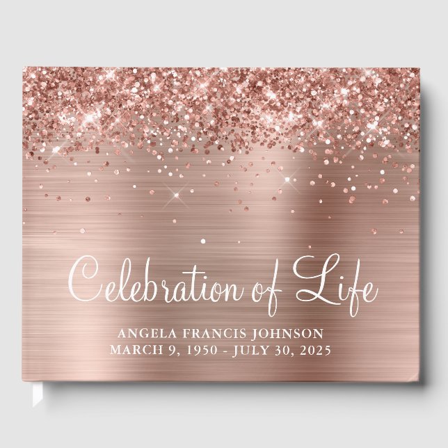 Glittery Rose Gold Foil Celebration of Life Guest Book (Front)
