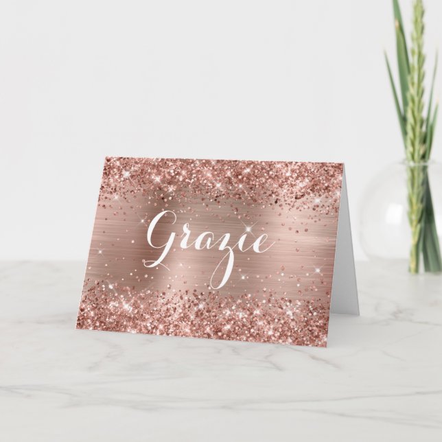 Glittery Rose Gold Foil Classic Script Grazie Thank You Card (Front)