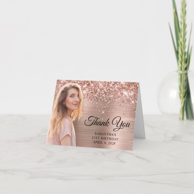 Glittery Rose Gold Foil Cutout Photo 21st Birthday Thank You Card (Front)