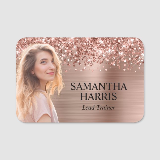 Glittery Rose Gold Foil Cutout Photo Name Tag (Front)