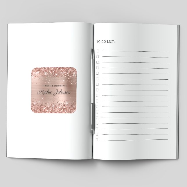 Glittery Rose Gold Foil Elegant Script Bookplate Square Sticker (Creator Uploaded)