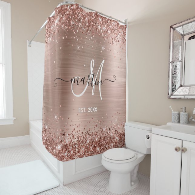 Glittery Rose Gold Foil Family Monogram Shower Curtain (In Situ)