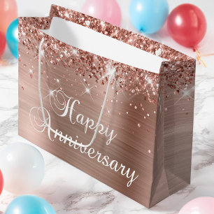 Glittery Rose Gold Foil Fancy Happy Anniversary Large Gift Bag