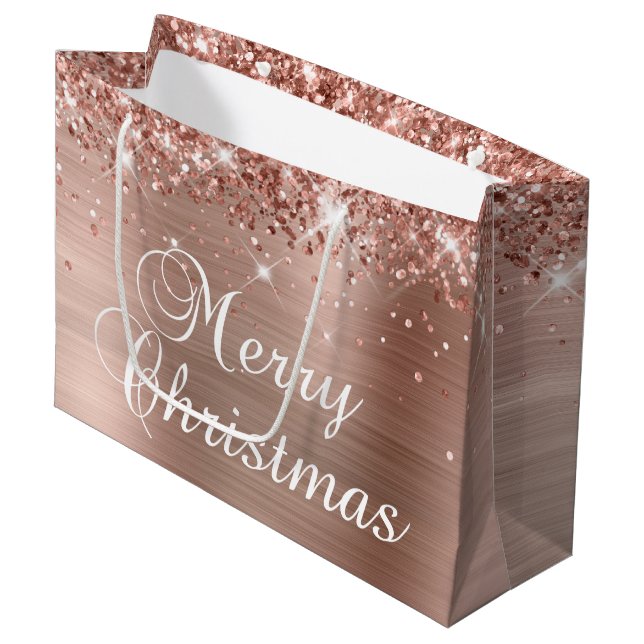 Glittery Rose Gold Foil Fancy Merry Christmas Large Gift Bag (Front Angled)