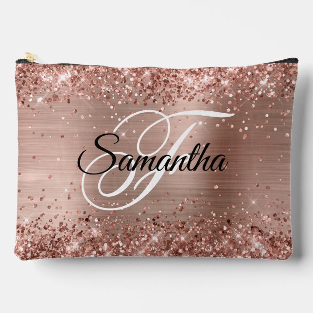 Glittery Rose Gold Foil Fancy Monogram Accessory Pouch (Front)