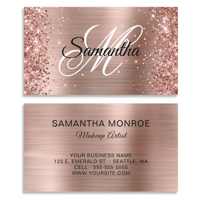 Glittery Rose Gold Foil Fancy Monogram Business Card (Glittery Rose Gold Foil Fancy Monogram Business Cards)
