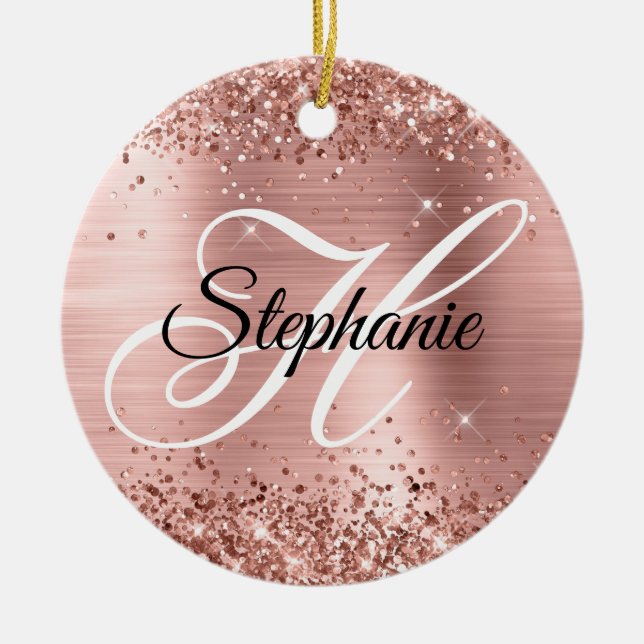 Glittery Rose Gold Foil Fancy Monogram Ceramic Tree Decoration (Front)