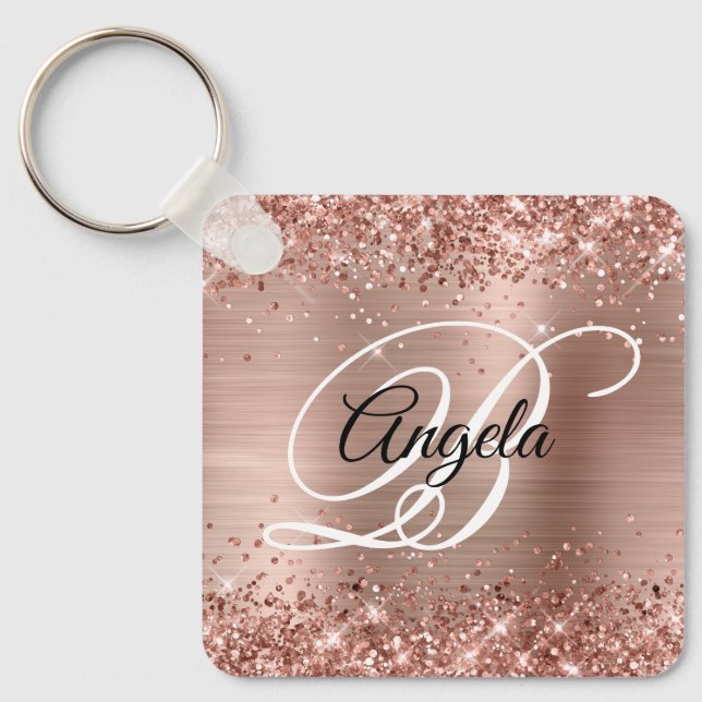 Glittery Rose Gold Foil Fancy Monogram Key Ring (Front)