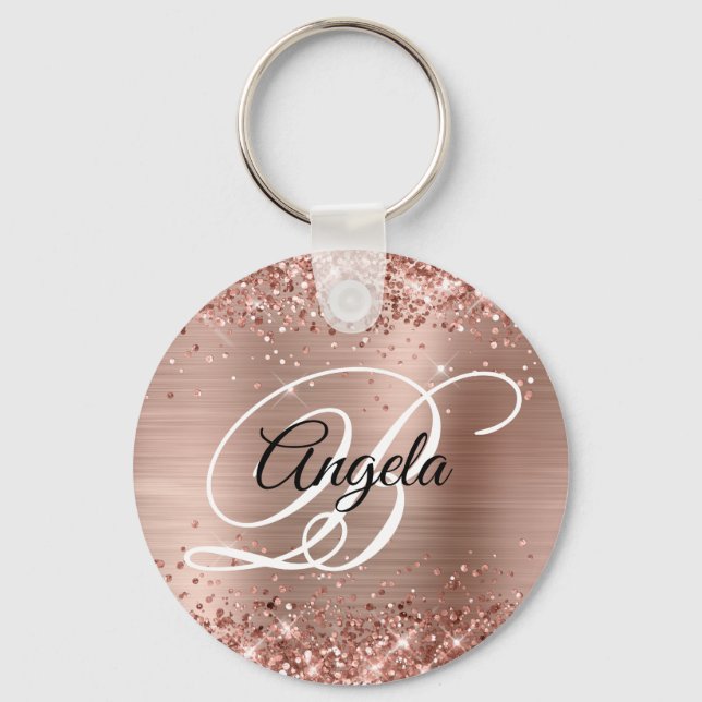 Glittery Rose Gold Foil Fancy Monogram Key Ring (Front)