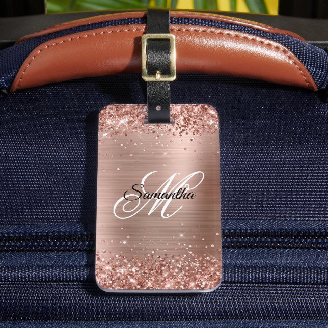 Glittery Rose Gold Foil Fancy Monogram Luggage Tag (Front Insitu 2)