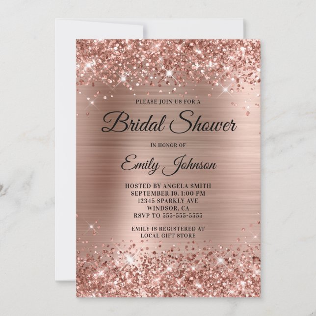 Glittery Rose Gold Foil Fancy Script Bridal Shower Invitation (Front)