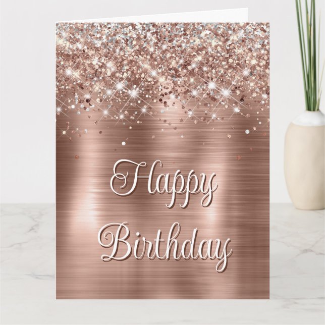 Glittery Rose Gold Foil Faux Glitter Monogram Card (Front)