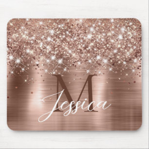 Glittery Rose Gold Foil Faux Glitter Monogram Mouse Mat
