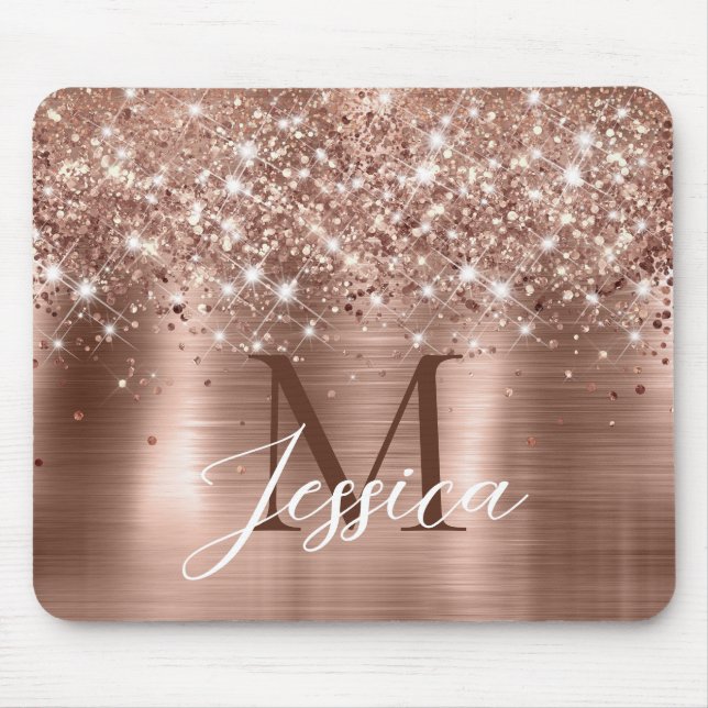 Glittery Rose Gold Foil Faux Glitter Monogram Mouse Mat (Front)