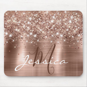 Glittery Rose Gold Foil Faux Glitter Monogram Mouse Mat