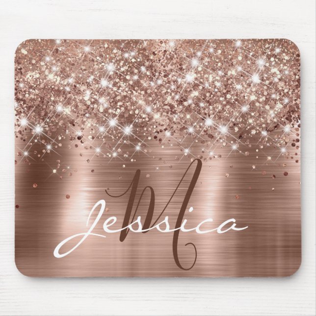 Glittery Rose Gold Foil Faux Glitter Monogram Mouse Mat (Front)