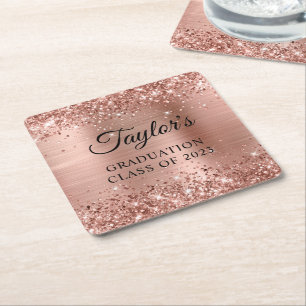 Glittery Rose Gold Foil Graduation Square Paper Coaster