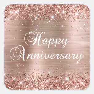 Glittery Rose Gold Foil Happy Anniversary Square Sticker