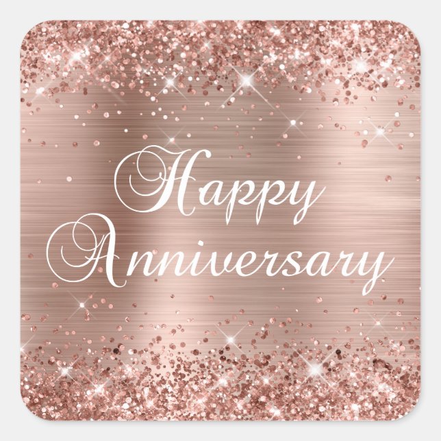 Glittery Rose Gold Foil Happy Anniversary Square Sticker (Front)