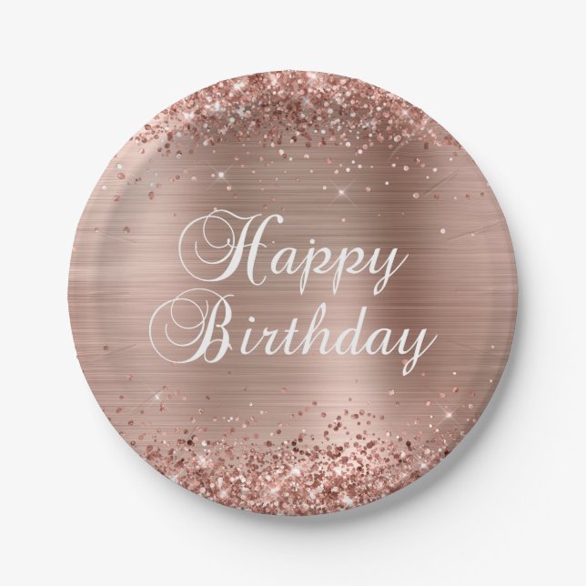 Glittery Rose Gold Foil Happy Birthday Paper Plate (Front)