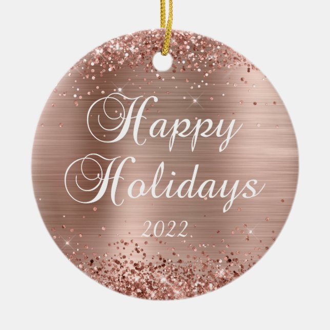 Glittery Rose Gold Foil Happy Holidays Photo Ceramic Tree Decoration (Front)