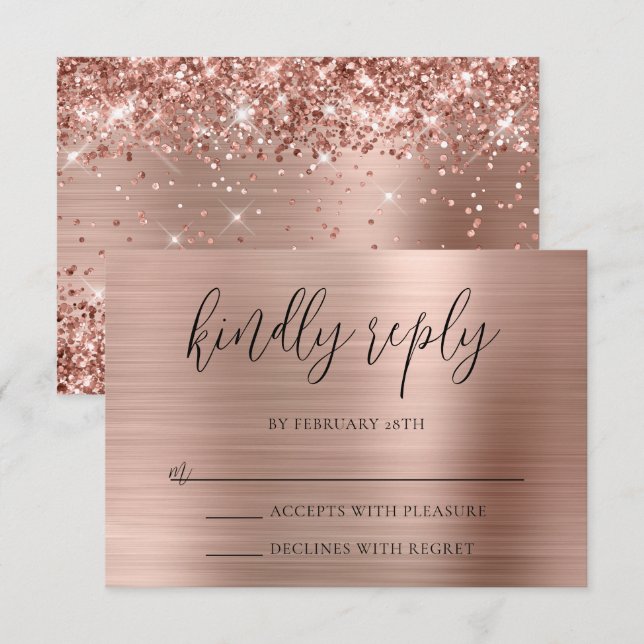 Glittery Rose Gold Foil Kindly Reply Wedding RSVP Card (Front/Back)