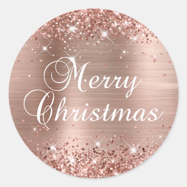 Glittery Rose Gold Foil Merry Christmas Classic Round Sticker (Front)