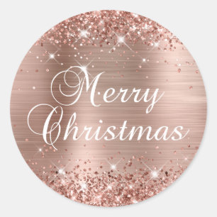 Glittery Rose Gold Foil Merry Christmas Classic Round Sticker