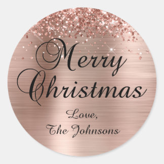 Glittery Rose Gold Foil Merry Christmas Family Classic Round Sticker