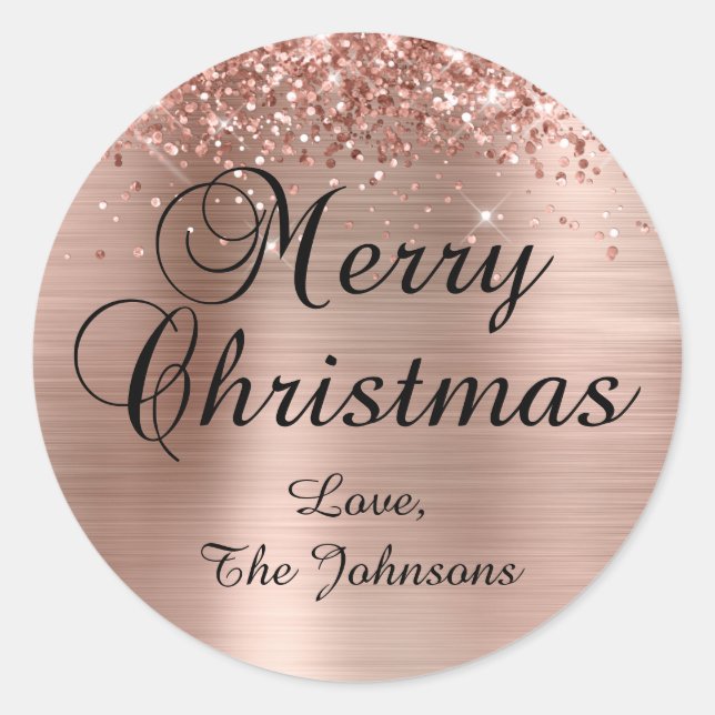 Glittery Rose Gold Foil Merry Christmas Family Classic Round Sticker (Front)