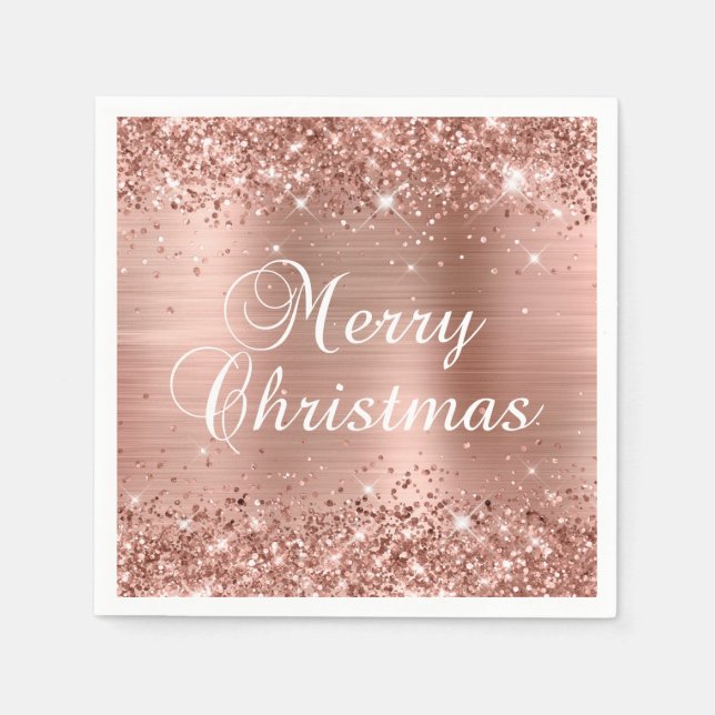 Glittery Rose Gold Foil Merry Christmas Napkin (Front)