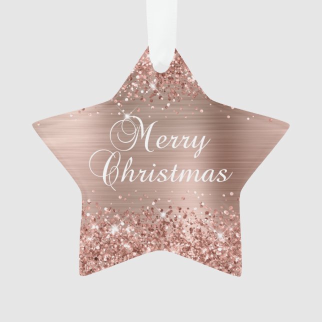 Glittery Rose Gold Foil Merry Christmas Ornament (Front)