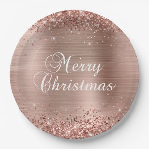 Glittery Rose Gold Foil Merry Christmas Paper Plate