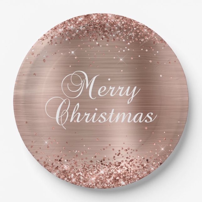 Glittery Rose Gold Foil Merry Christmas Paper Plate (Front)