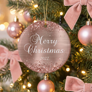 Glittery Rose Gold Foil Merry Christmas Photo Ceramic Tree Decoration