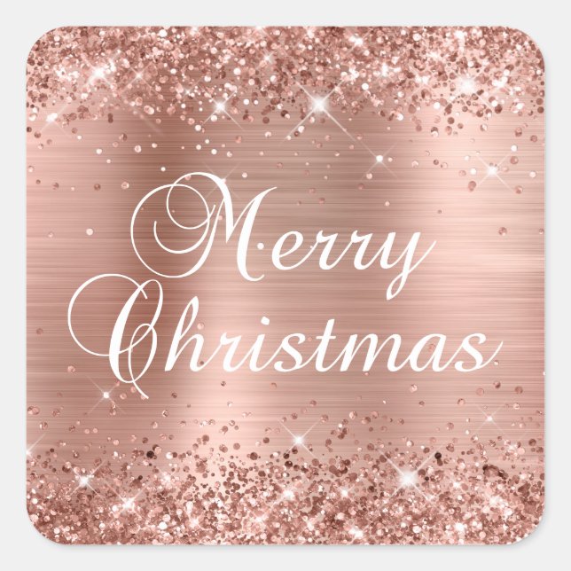 Glittery Rose Gold Foil Merry Christmas Square Sticker (Front)