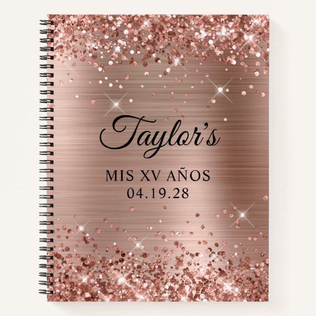 Glittery Rose Gold Foil Mis XV Anos Guest Notebook (Front)