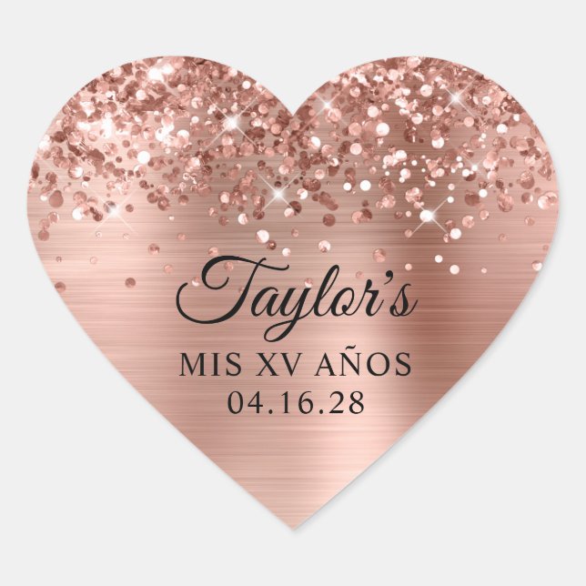 Glittery Rose Gold Foil Mis XV Años Heart Sticker (Front)