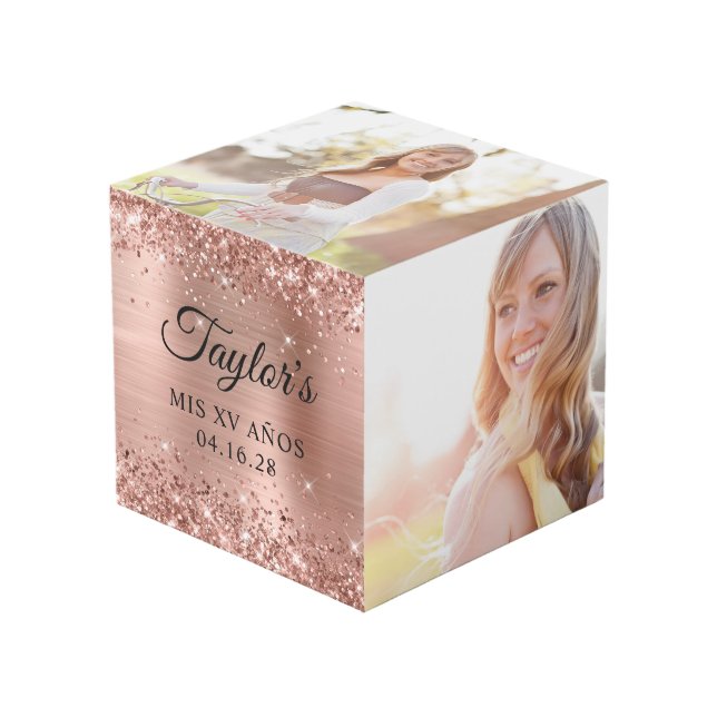 Glittery Rose Gold Foil Mis XV Años Photo Cube (Front Angled)