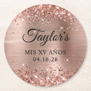 Glittery Rose Gold Foil Mis XV Años Round Paper Coaster