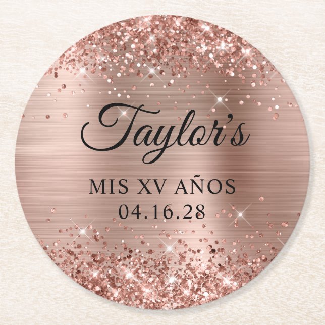 Glittery Rose Gold Foil Mis XV Años Round Paper Coaster (Front)