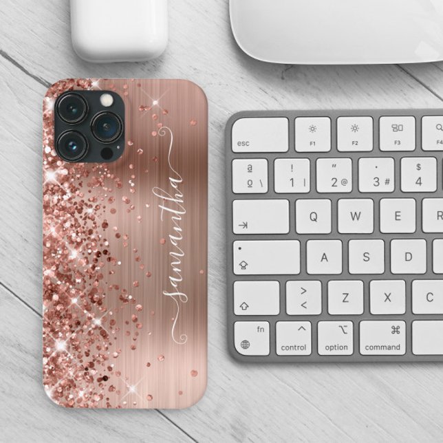 Glittery Rose Gold Foil Modern Girly Signature Case-Mate iPhone Case (Create your own personalized faux sparkly glitter rose gold case.)