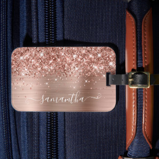 Glittery Rose Gold Foil Modern Girly Signature Luggage Tag