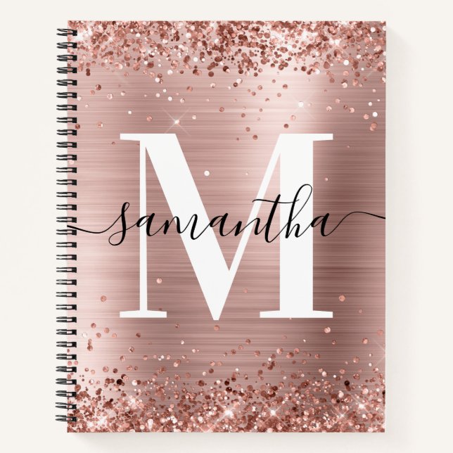 Glittery Rose Gold Foil Modern Signature Monogram Notebook (Front)