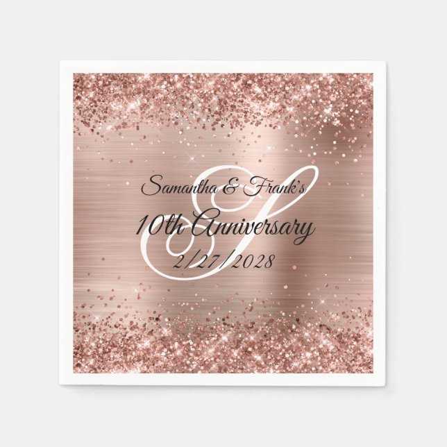 Glittery Rose Gold Foil Monogram 10th Anniversary Napkin (Front)