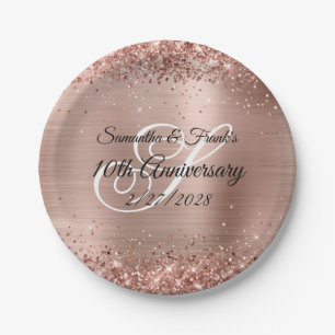 Glittery Rose Gold Foil Monogram 10th Anniversary Paper Plate