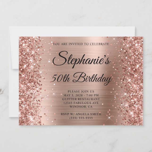 Glittery Rose Gold Foil Monogram 50th Birthday Invitation (Front)