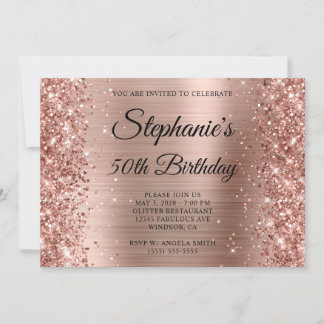 Glittery Rose Gold Foil Monogram 50th Birthday Invitation