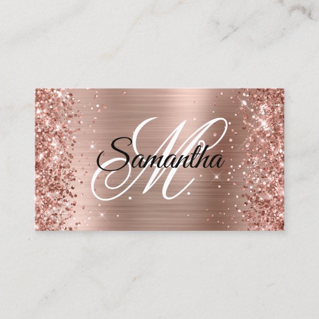 Glittery Rose Gold Foil Monogram Online Profile Business Card (Front)