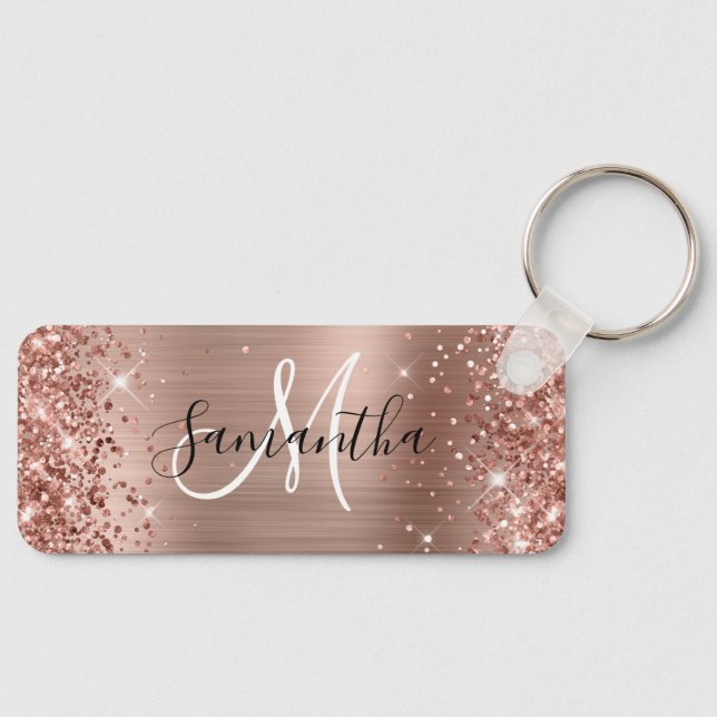 Glittery Rose Gold Foil Monogram Skinny Horizontal Key Ring (Front)